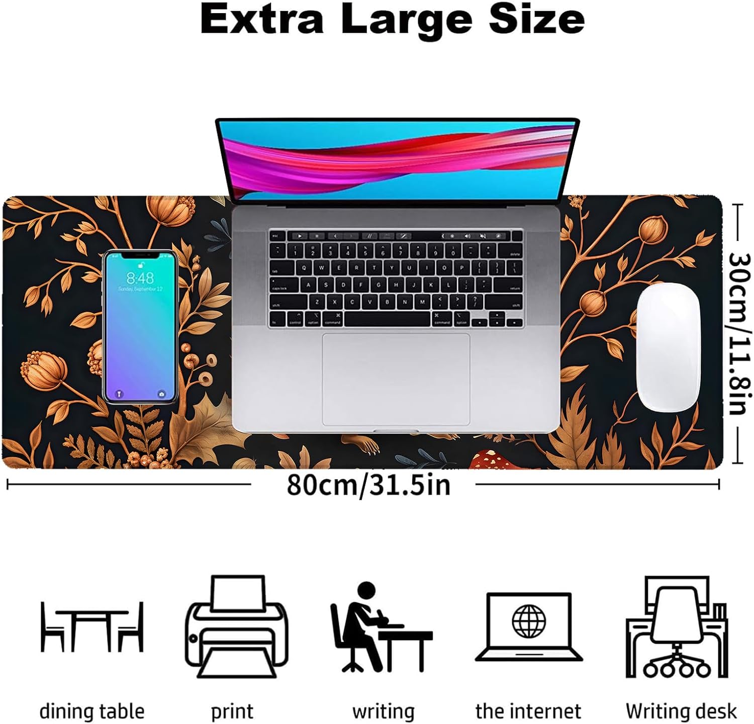 Autumn Squirrel Gaming Mouse Pad, Office Desk Mat, Anti-Slip Rubber Base Cool Aesthetic Mouse Pads for Computer Laptop Keyboard School Home Desktop Gamer Home Accessories Decor 31.5" x 11.8"