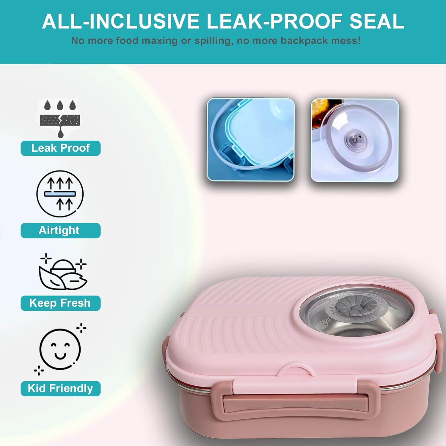 Kids Bento Lunch Box with Bag – Leakproof Stainless Steel Bento Box for School, 3 Compartments, Soup Bowl, Spoon & Chopsticks, Lunchbox Set for Girls & Boys (Pink)