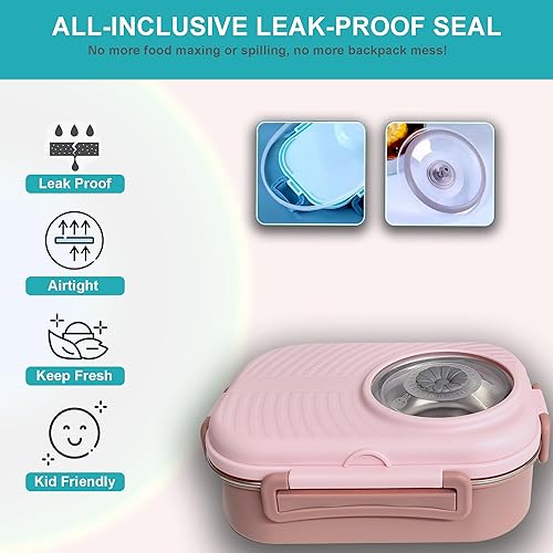 Miniatura 2 de Lonchera Bento para niños con bolsa, caja Bento de acero inoxidable a prueba de fugas para la escuela, 3 compartimentos, cuenco de sopa, cuchara y