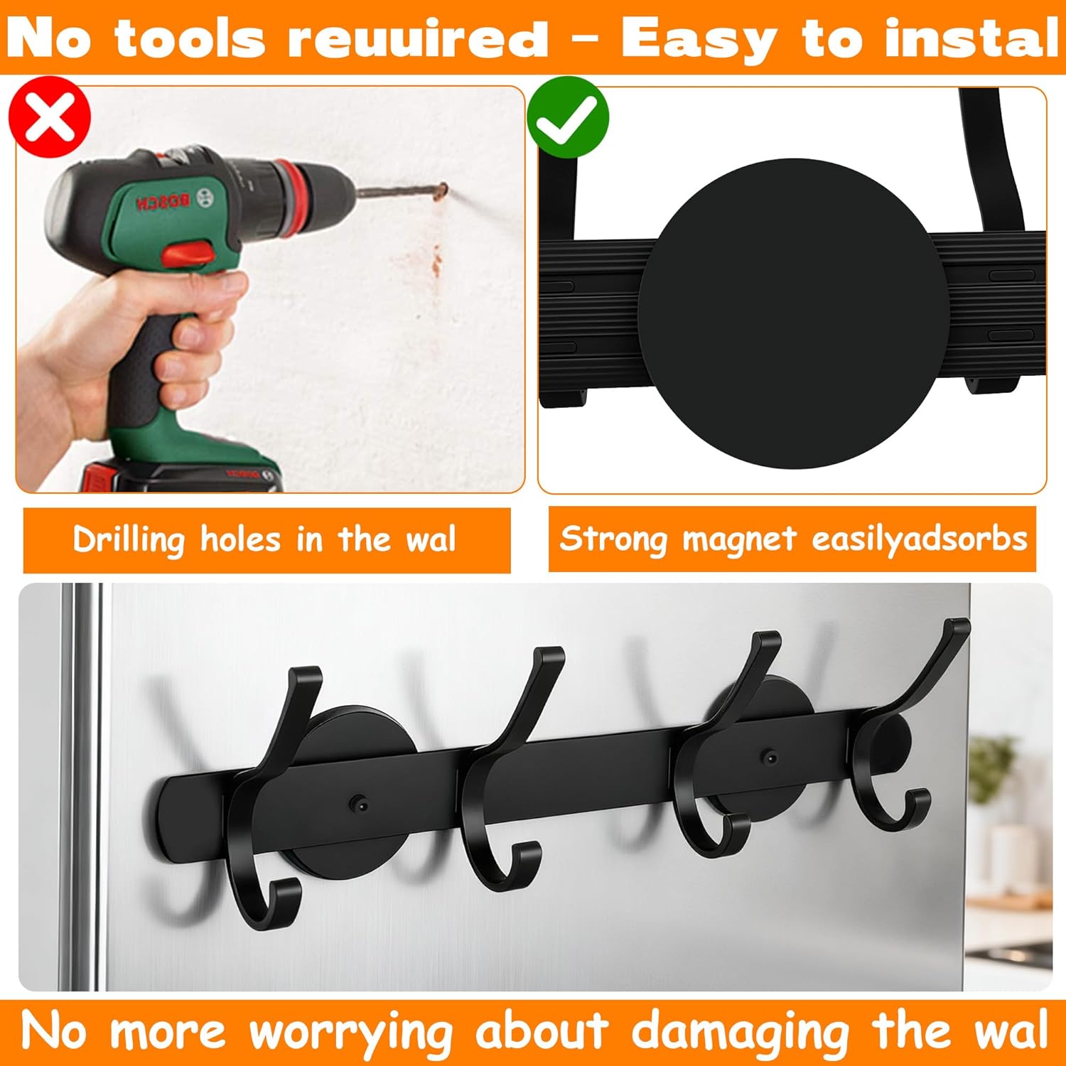 Heavy Duty Magnetic Coat Rack Wall Mount Hooks,4-Hook No Drill Hanger for Metal Cabinet, Door, Locker Matte Black Hooks for Coat, Towel, Bag, Backpack (4 Hooks Black)