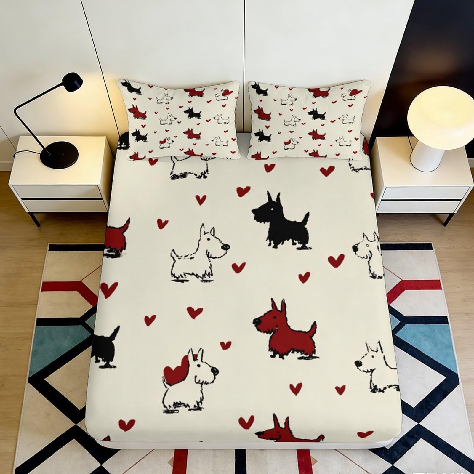 3D Printed Cartoon Dog Fitted Sheet Microfiber Non-Slip Heart Pattern Mattress Cover for Bedroom Guest Room Decor 90x200x25cm