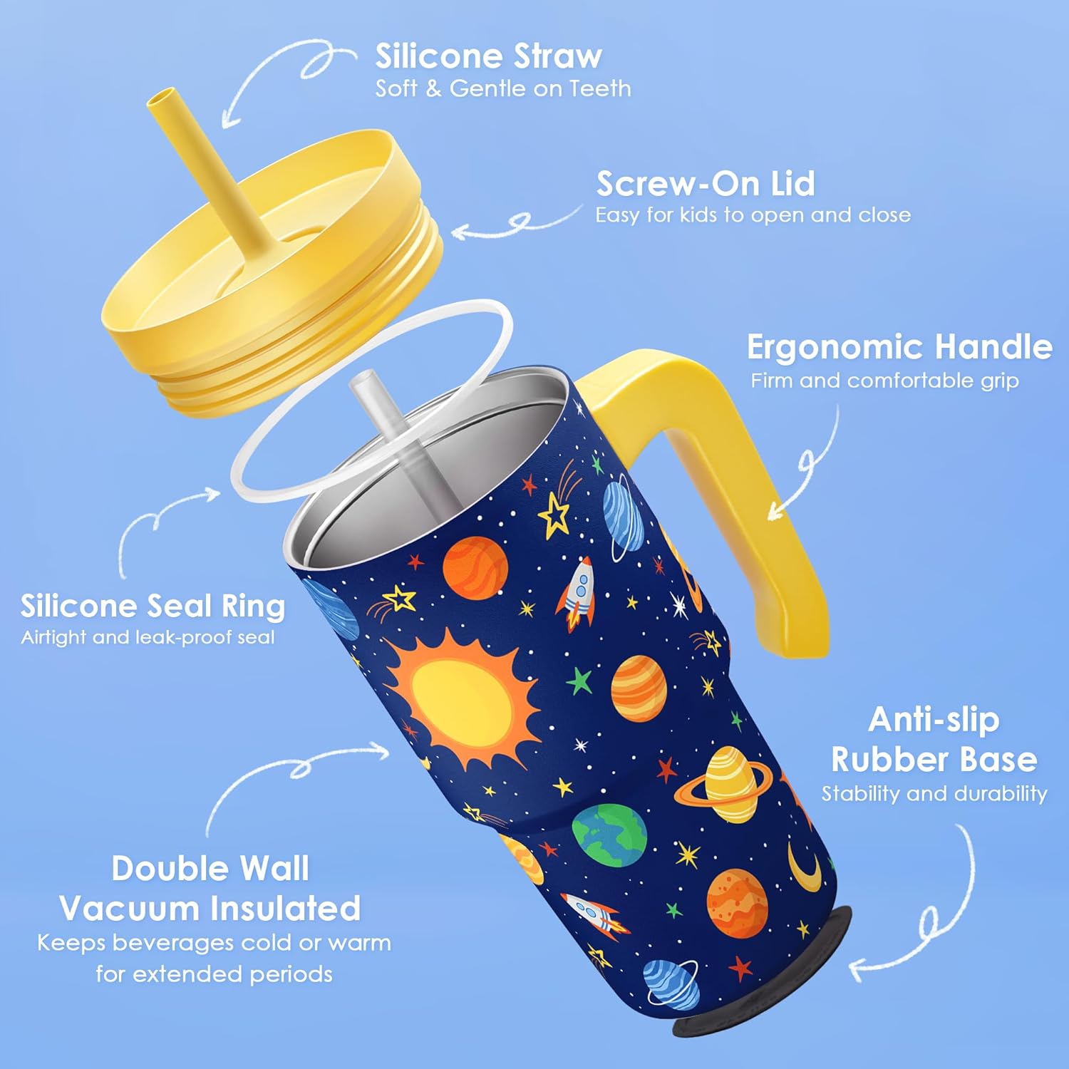 Outer Space Tumbler 20oz with Handle and Silicone Straw Lid for Kid, Insulated Stainless Steel Cup, Gift for Kids Boys, Gifts Idea for Birthday Christmas Back to School - Image 3