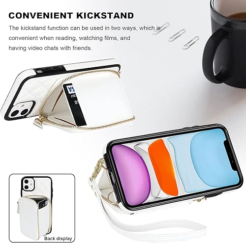 Miniatura 5 de Bocasal Funda tipo cartera cruzada para iPhone 11, con bloqueo RFID, de piel sintética, con cremallera, funda tipo cartera con función atril y