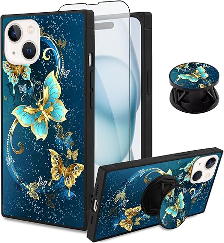 Miniatura 1 de SAKUULO Funda para iPhone 15, protector de pantalla + soporte diseño cuadrado de bonito diseño de mariposa azul, protección de bordes de TPU suave,