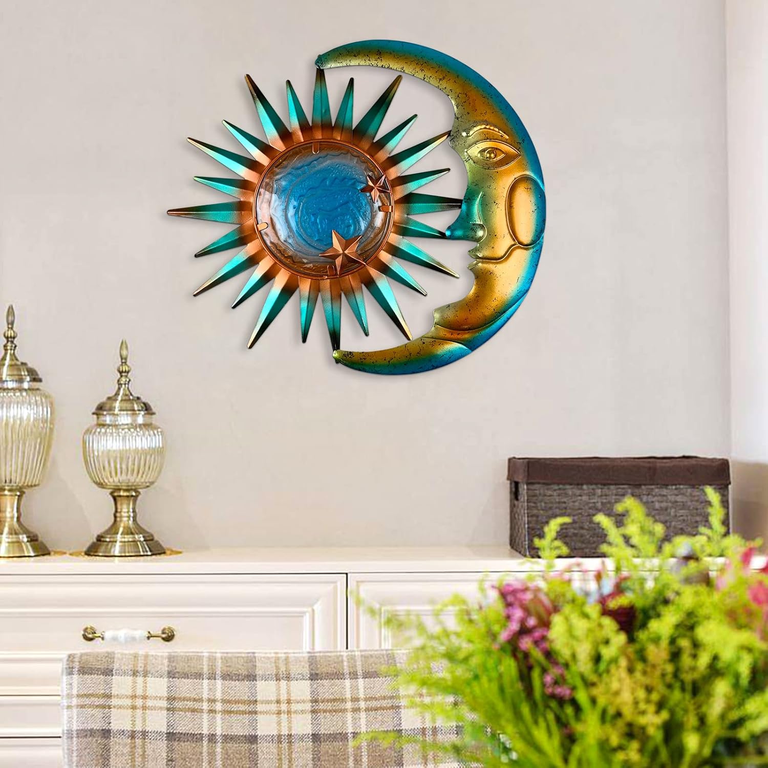 LIFFY Sun Metal Outdoor Wall Decor - 3D Sun Moon Metal Wall Sculpture - Hanging Decoration Gift Ideal for Celestial Decor Home Accent, Bedroom, Garden, Patio, Farmhouse - Lively and Vibrant