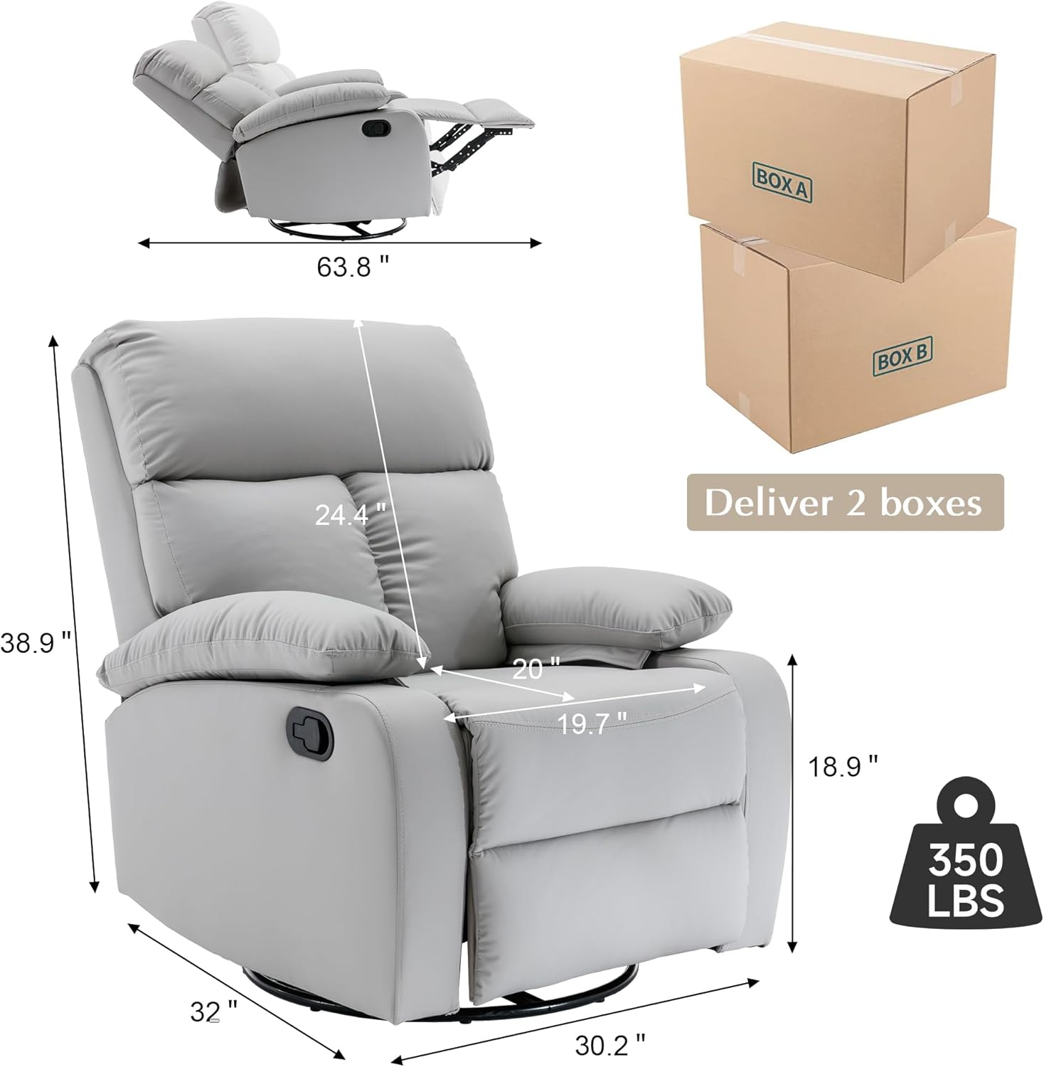 Manual Swivel Recliner Chair for Small Spaces Rocking Recliner Chair for Adults Upgraded Swivel Rocker Recliner Chairs for Living Room, Bedroom, Home Theate, Light Gray