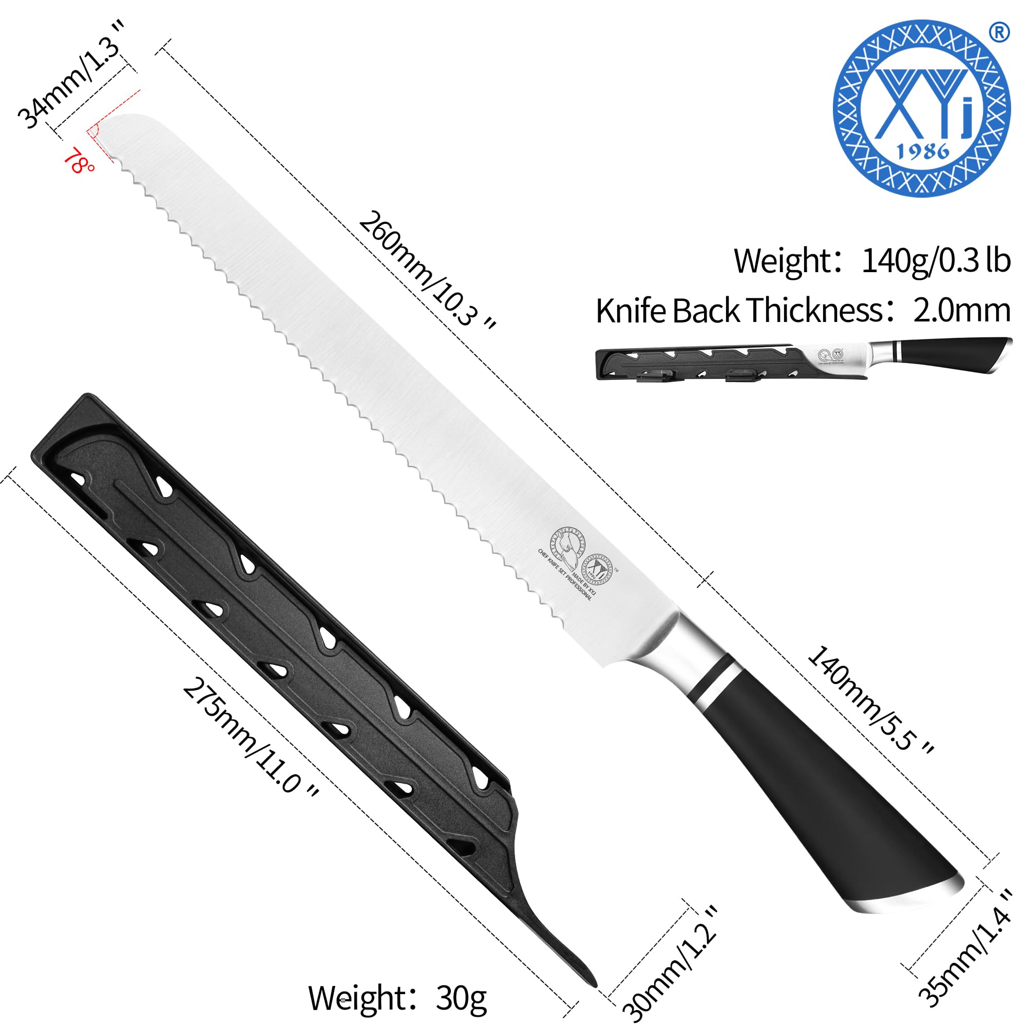 XYJ Authentic Since 1986, japoński nóż do chleba 10,5 cala, stal nierdzewna Serrated Blade Bread Cutting Knife with Cover, Serrated Cake Tool for Home Kitchen Camping