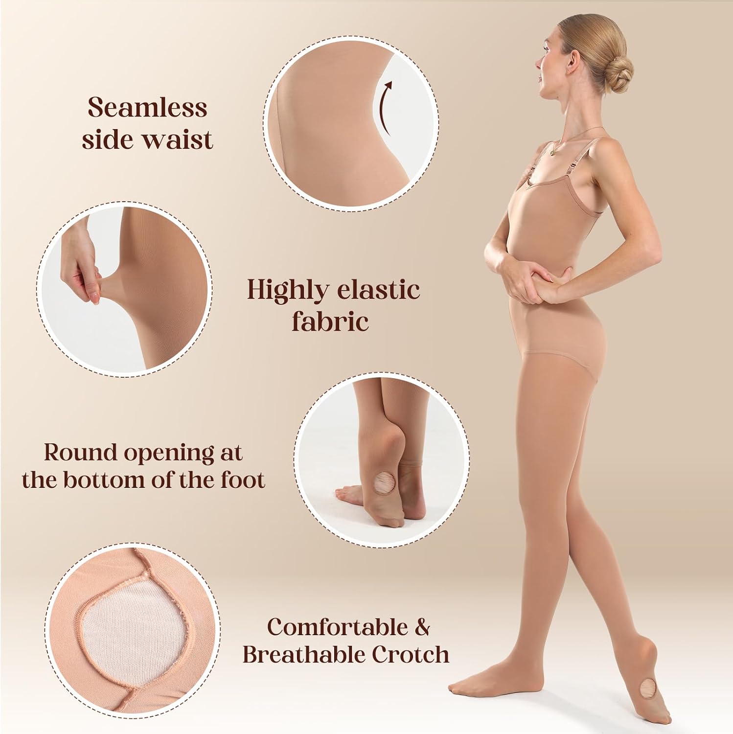 MANZI 2 Pairs 40D Full Body Dance Tights Adult Women, Convertible Nude Dance Tights with Removable Shoulder Strap