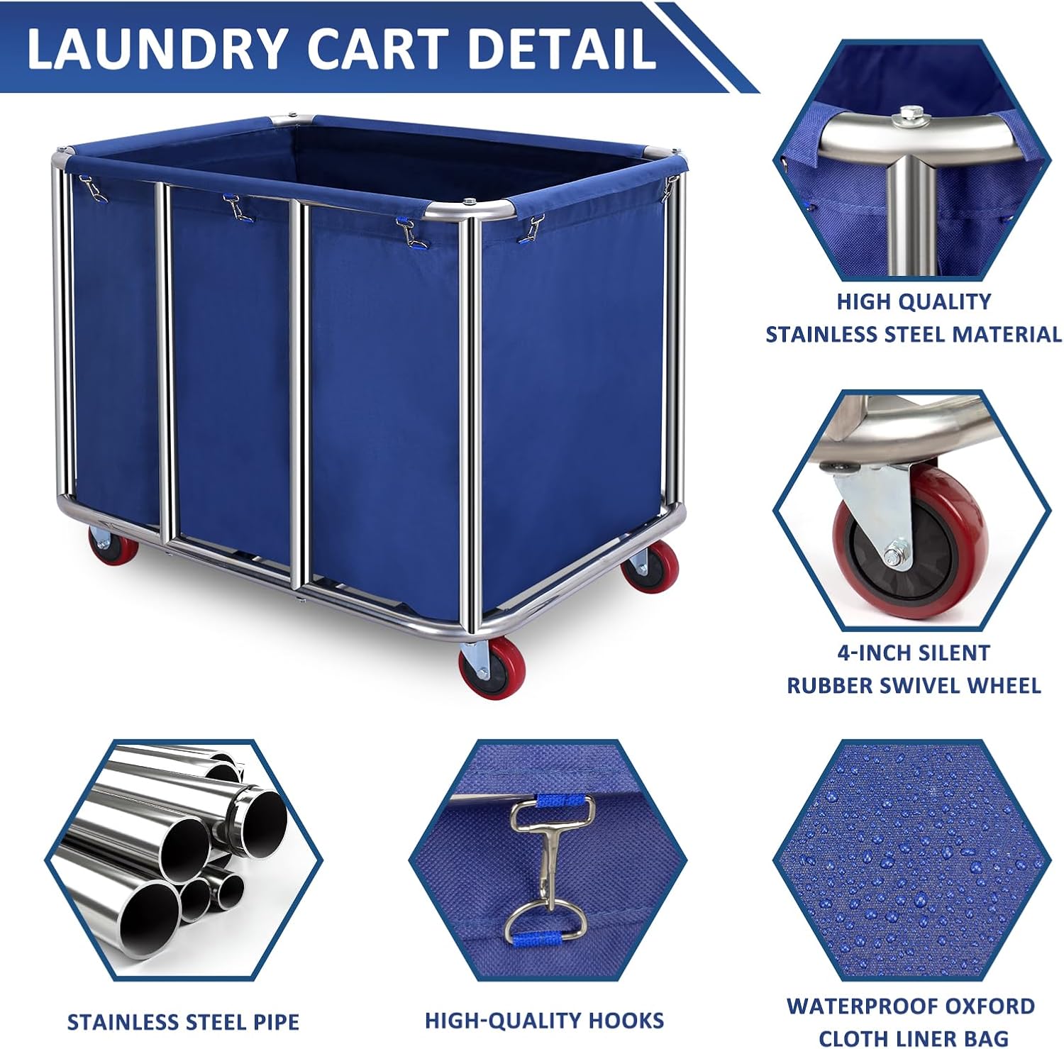 Commercial Laundry Cart with Wheels,11.35 Bushel Large Industrial Laundry Hamper,Industrial Laundry Cart with Stainless Steel Frame and Waterproof Oxford Cloth,440Lbs