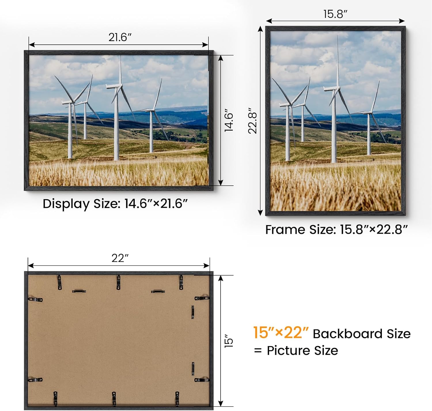 15x22 Picture Frame Oak Wood,15"x22"Black Color Wooden Frames with Tempered Glass,22x15 inch Wall Gallery Poster Frame with No Mat,15 by 22 Frames Horizontal and Vertical for Wall Mounting