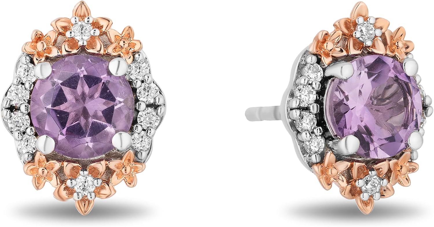 Jewelili Enchanted Disney Fine Jewelry Rapunzel Earrings for Women | 14K Rose Gold over Sterling Silver | Amethyst & 1/5 CTTW White Diamonds | Push Back Studs | Princess Inspired Jewelry