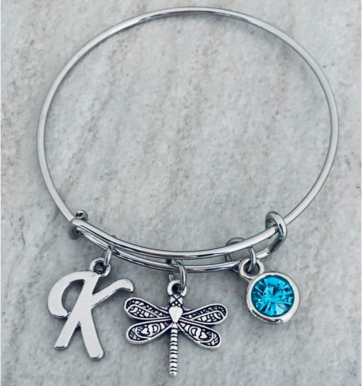Personalized Dragonfly Charm Bangle Bracelet with Birthstone and Initial Charm, Dragon Fly Jewelry Gifts for Women, Teens and Girls - Image 2
