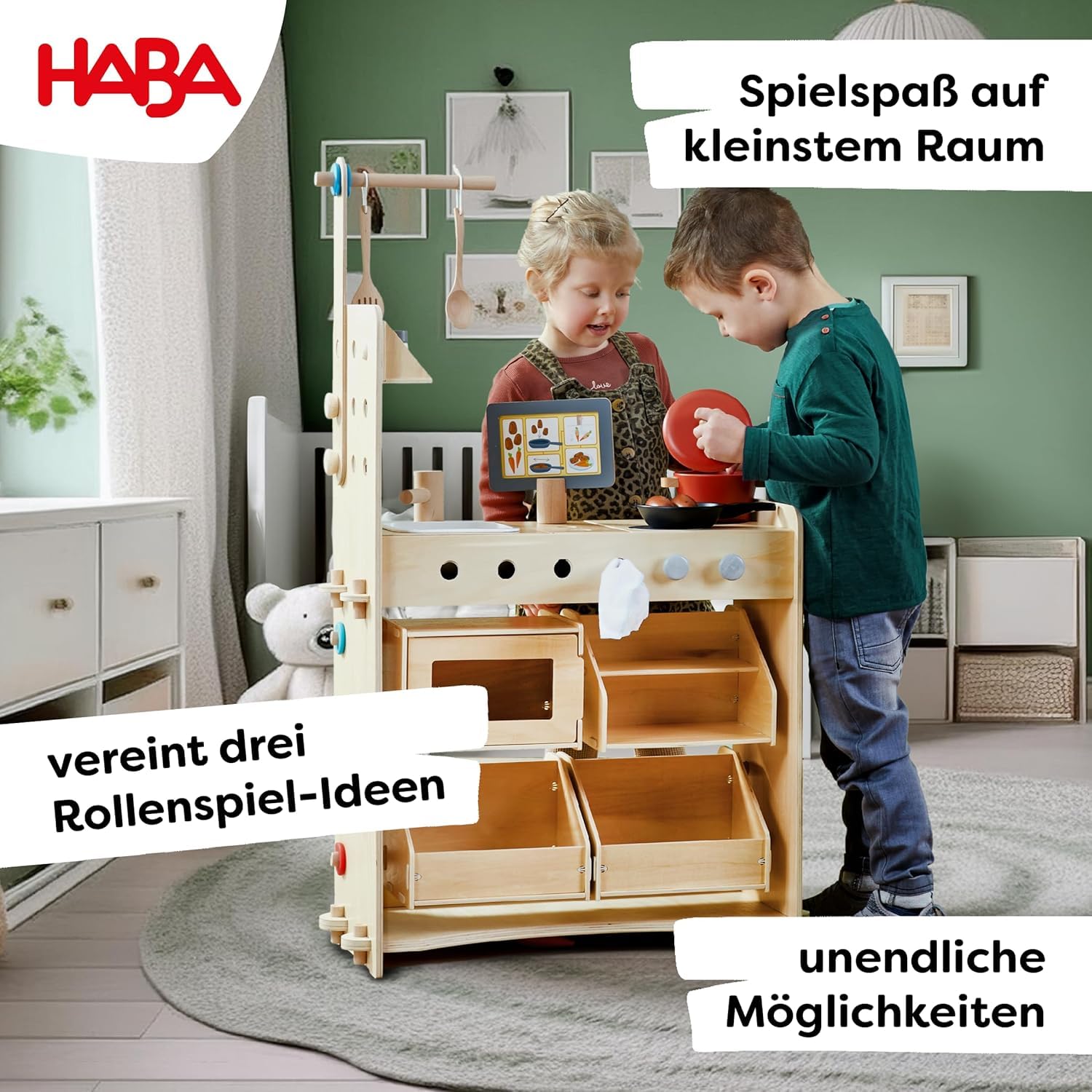 HABA Creative Play 3 in 1 - Spielküche, Kaufladen & Werkstatt für Kinder ab 3 Jahren - Werkzeugloser Aufbau & Einfacher Wechsel - 2011830001