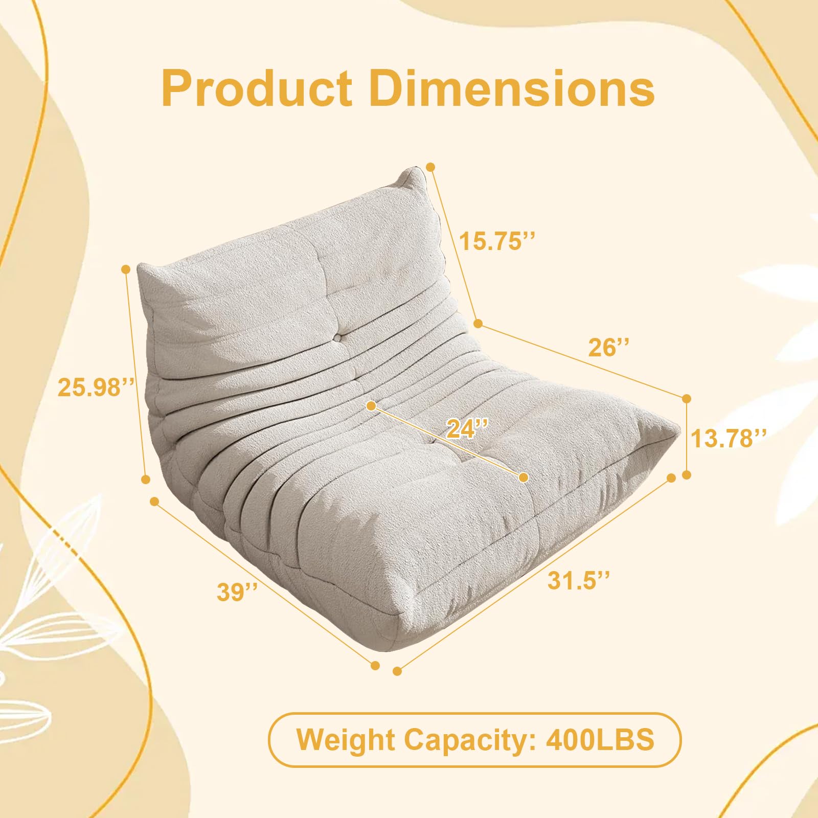 Comodo Divano Da Terra Pigro, Ampio Design Caterpillar In Un Unico Pezzo, Supporto Per Il Corpo a 5 Zone, Senza Telaio Con Spugna Ad Alta Densità, Divano Da Terra Ergonomico Per Soggiorno
