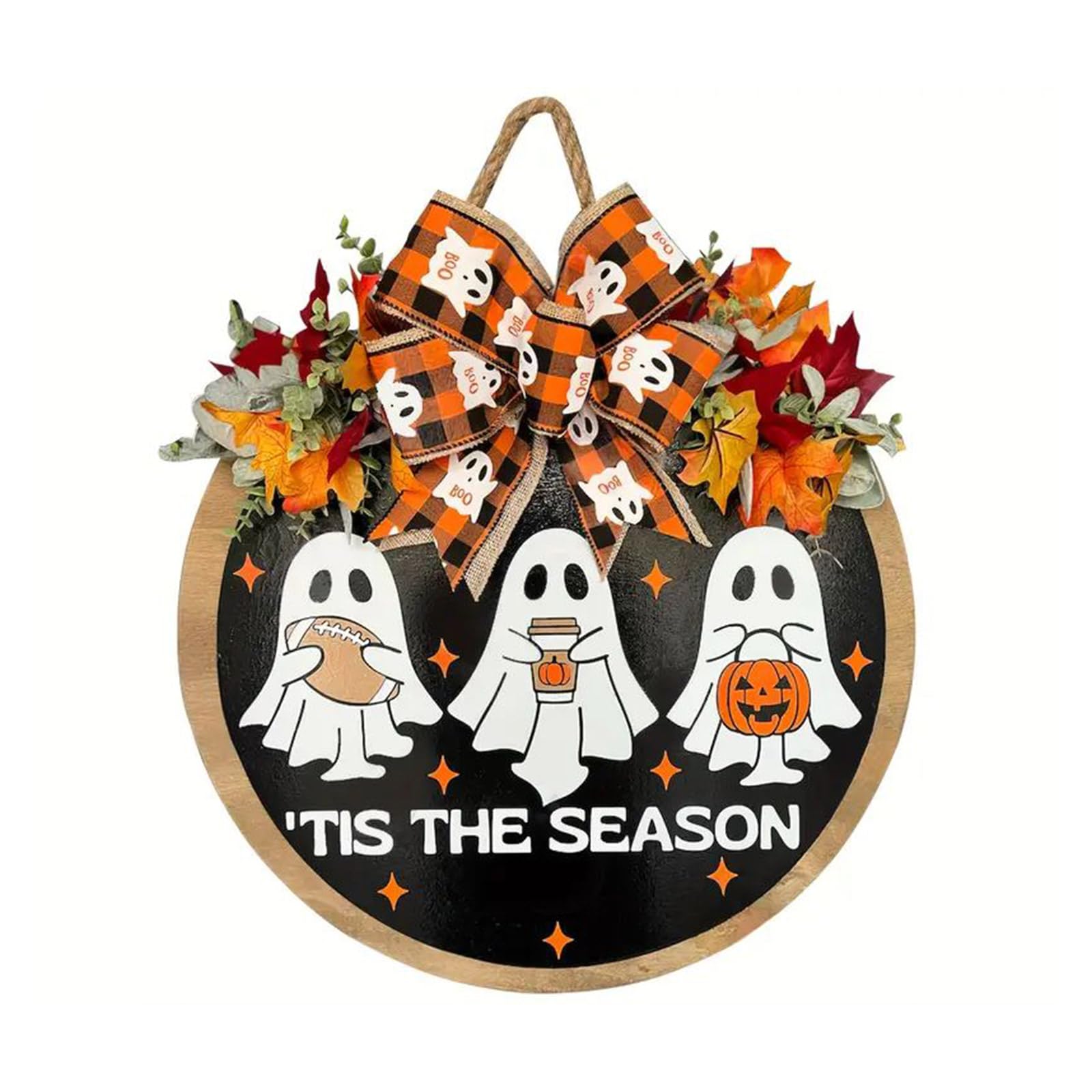 carotoe Halloween Specters Door Decoration with Accents, Sturdy Wood Fabric Hanger for Indoor Outdoor Seasonal Themes Haunting House Door Sign