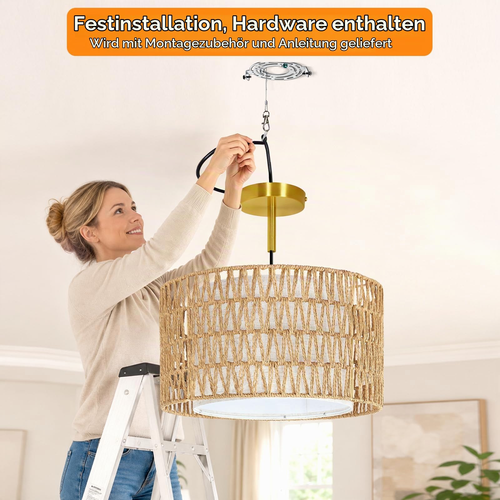 OUTON Boho Rattan Deckenleuchte, 3-flammig, Ø43 cm, Gold
