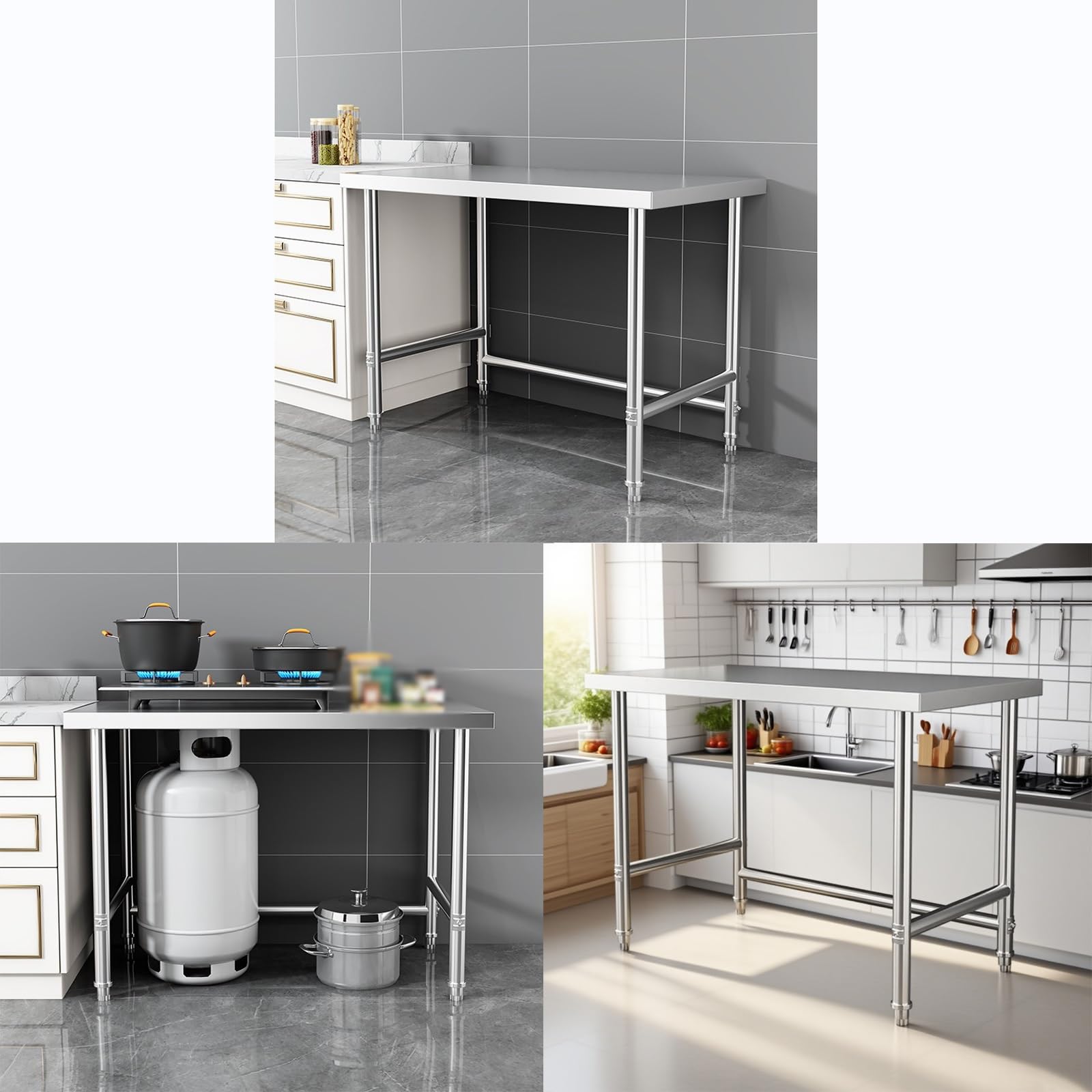 Banco de Trabajo de Acero Inoxidable de Una Sola Capa Y Mayor Grosor Tabla de Cocina Triangular Reforzada Estante para Restaurante con Base Ajustable