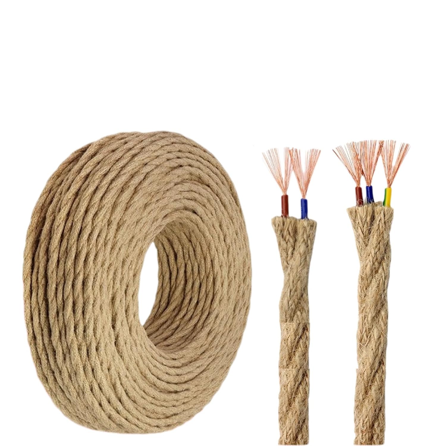 20/18 AWG 2/3 Conductor Electrical Wire 30ft/65ft/100ft Twisted Hemp Rope Fabric Braided 176 ℉ PVC Low Voltage Cable for DIY Pendant Lights, Lamps and Retro Decor(65FT,18AWG-3C)