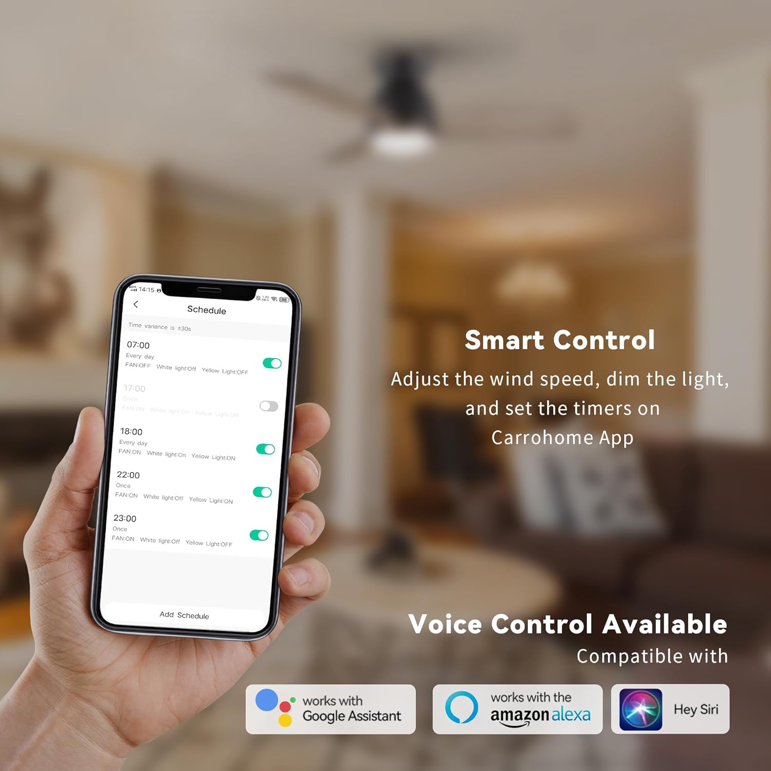 SMAFAN Ceiling Fan with Lights, Indoor & Outdoor Ceiling Fan, 52" Low Profile DC Smart, Compatible with Alexa, Siri, Google Home & Smart APP, 2 Colors of Reversible Blades, Dark Walnut & Wood