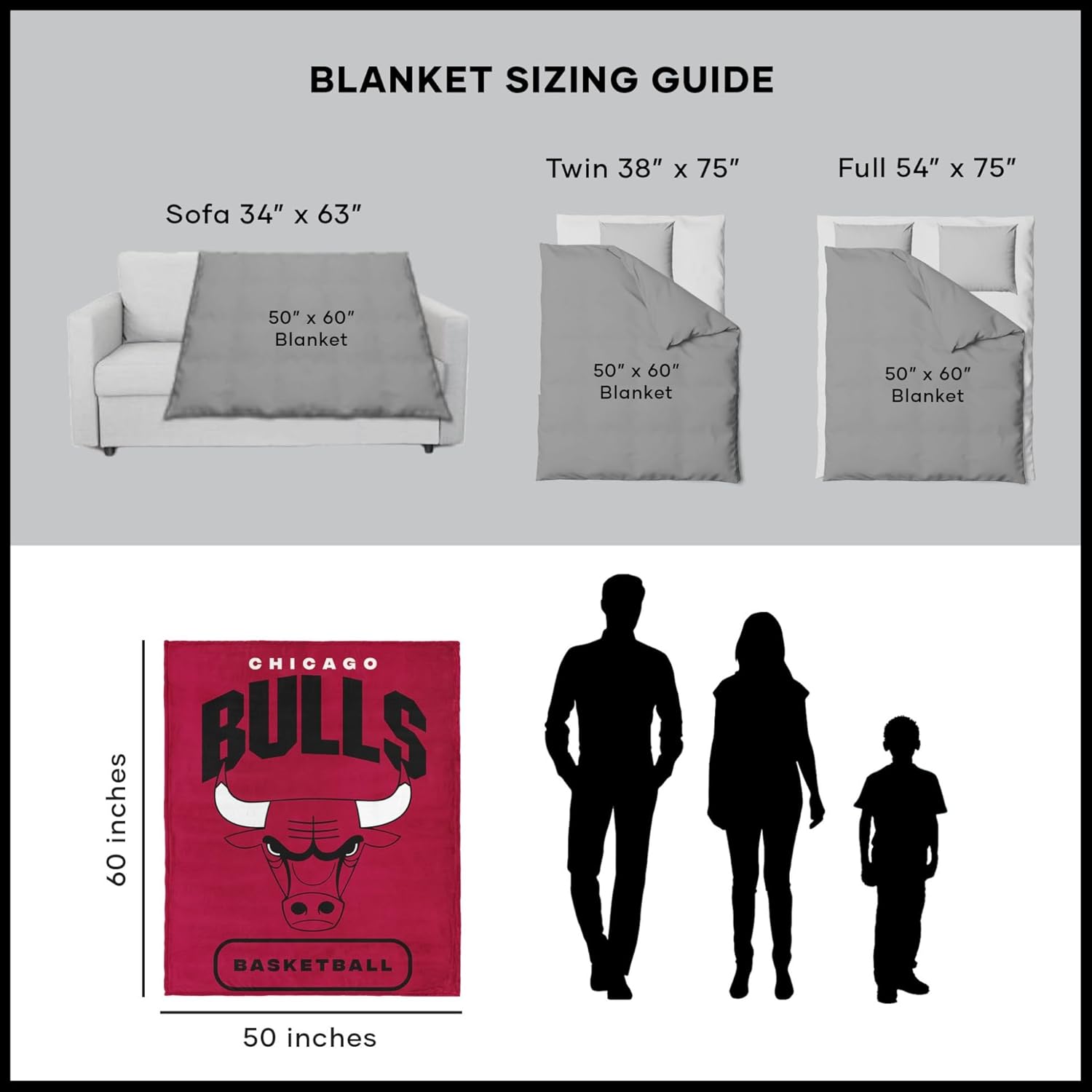 NORTHWEST NBA Chicago Bulls Silk Touch Throw Blanket, 50" x 60", High Block