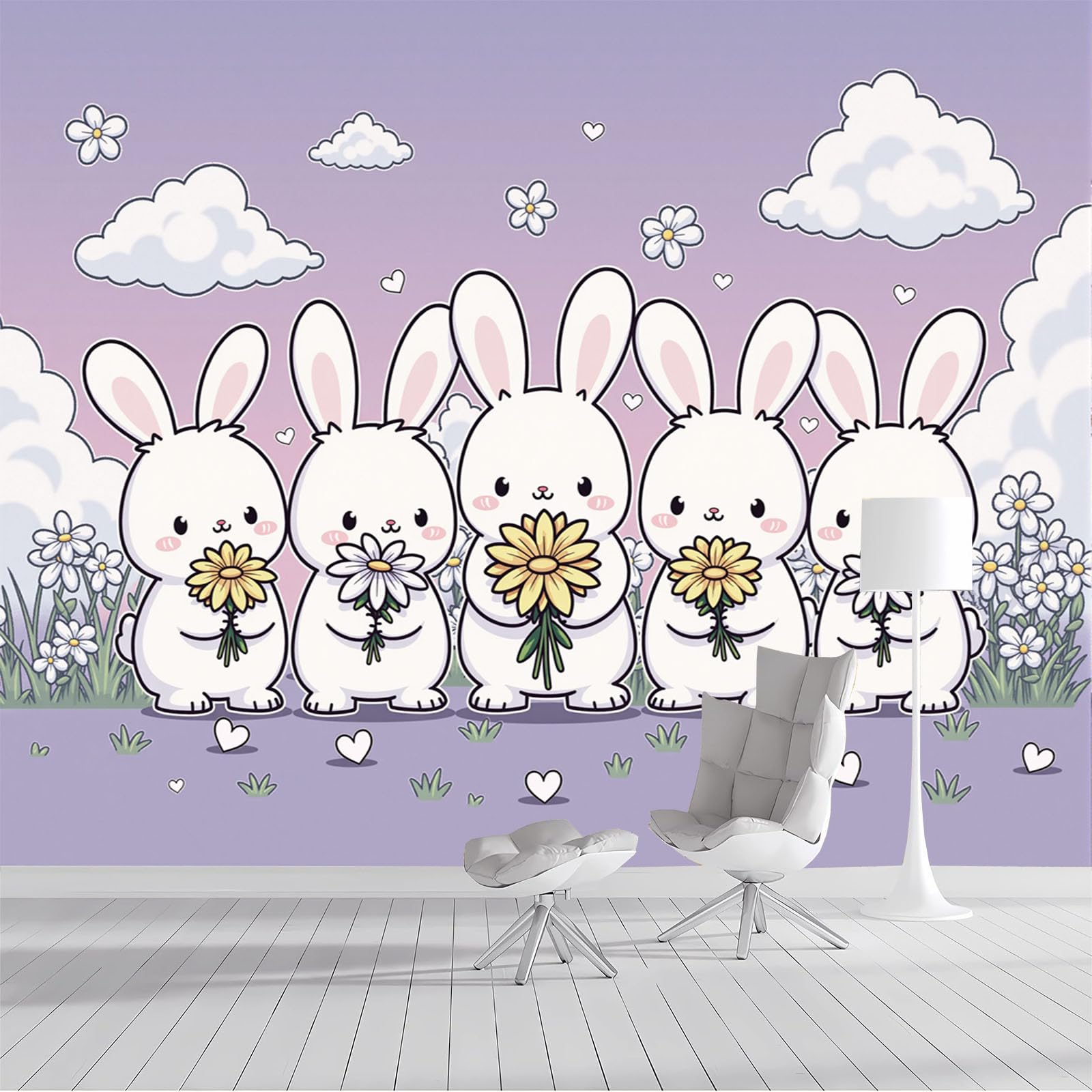 Papier peint panoramique violet lapin pour chambre enfant 400x280