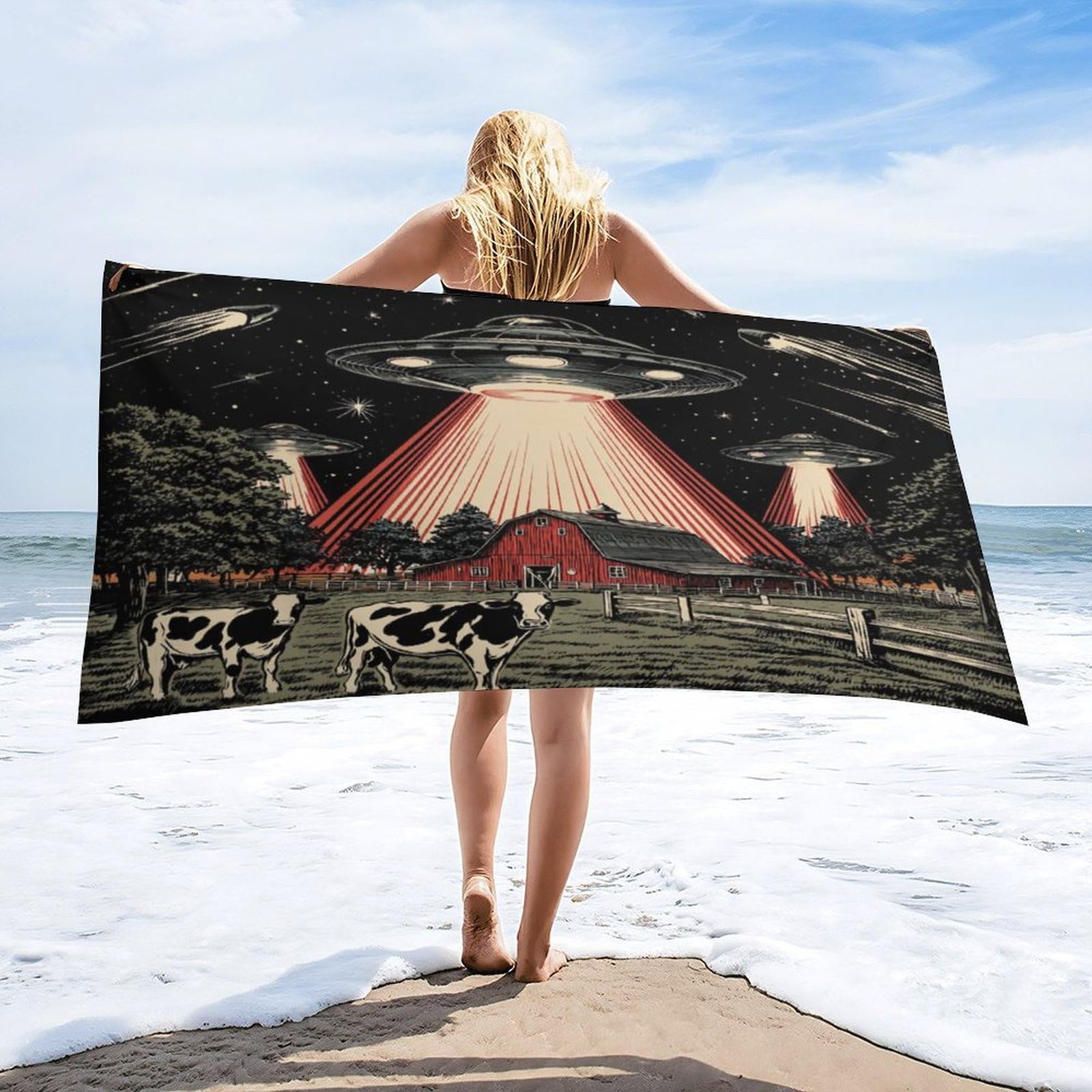 Luyysky Modern Rustic Farmhouse Ufo Quick-Drying Beach Towel, Classic Western Farm Log Cabin Barn Animal Cow Travel Vacation Single Sided Pile Bathroom Towels-80 W Cm X 160" L Cm