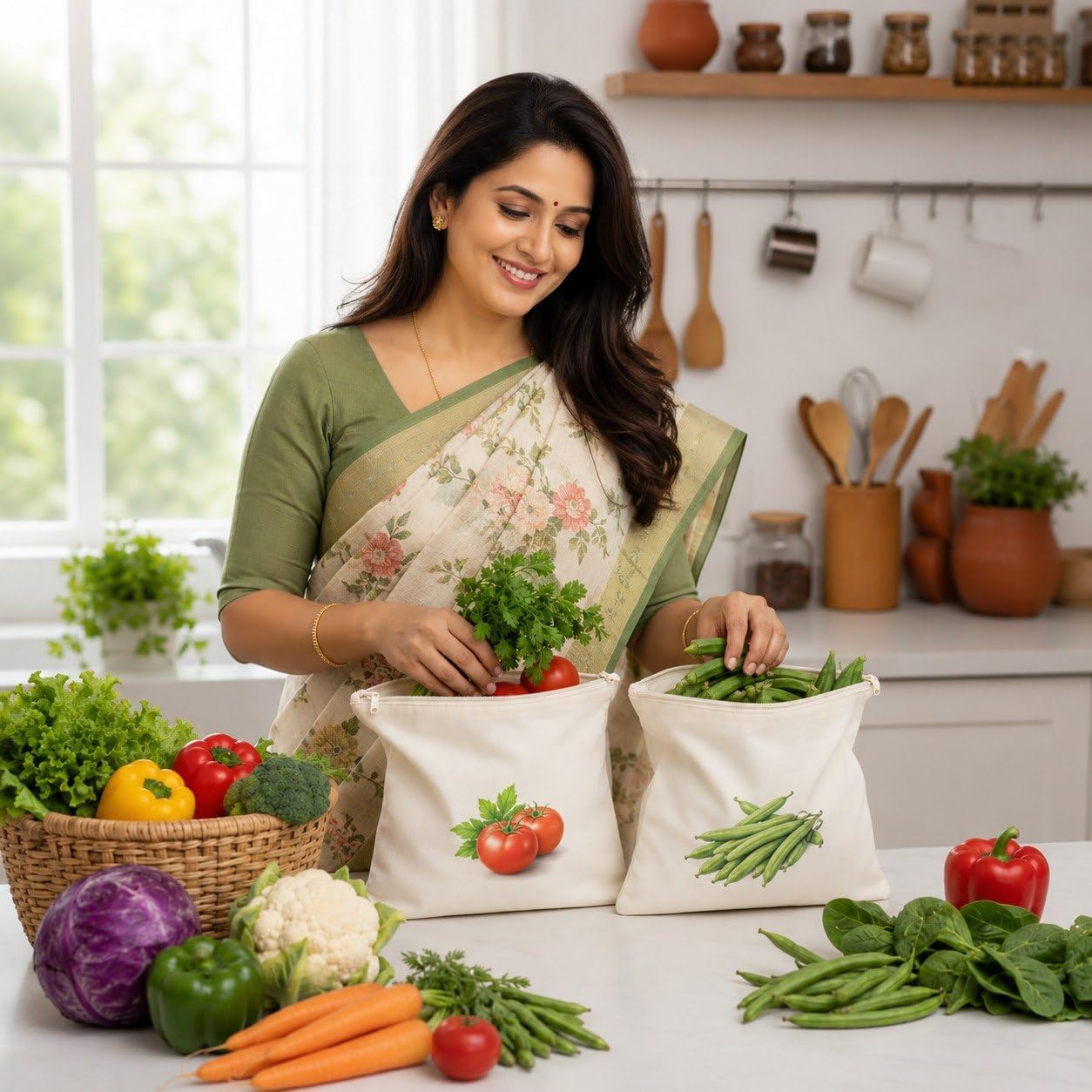 DREAM STYLE Cotton Vegetable Storage Bags Pack of 10, Reusable Zipper Produce Bags for Fridge and Kitchen Storage, Eco-Friendly Cotton Organizer Bags with Vegetable Prints