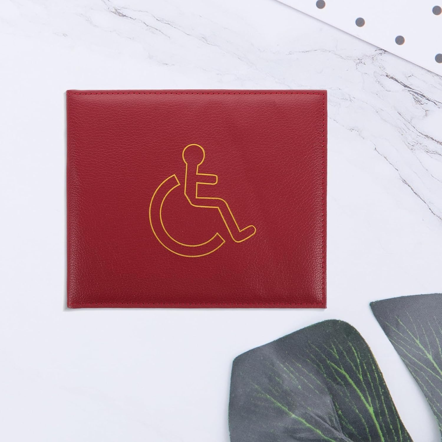 Disability Badge Wallet and Social Security Card Holder Sleeve, Dark Red Leather Protective Cover for Disabled Certificate, Multi-functional Id Case for Travel and Business Use