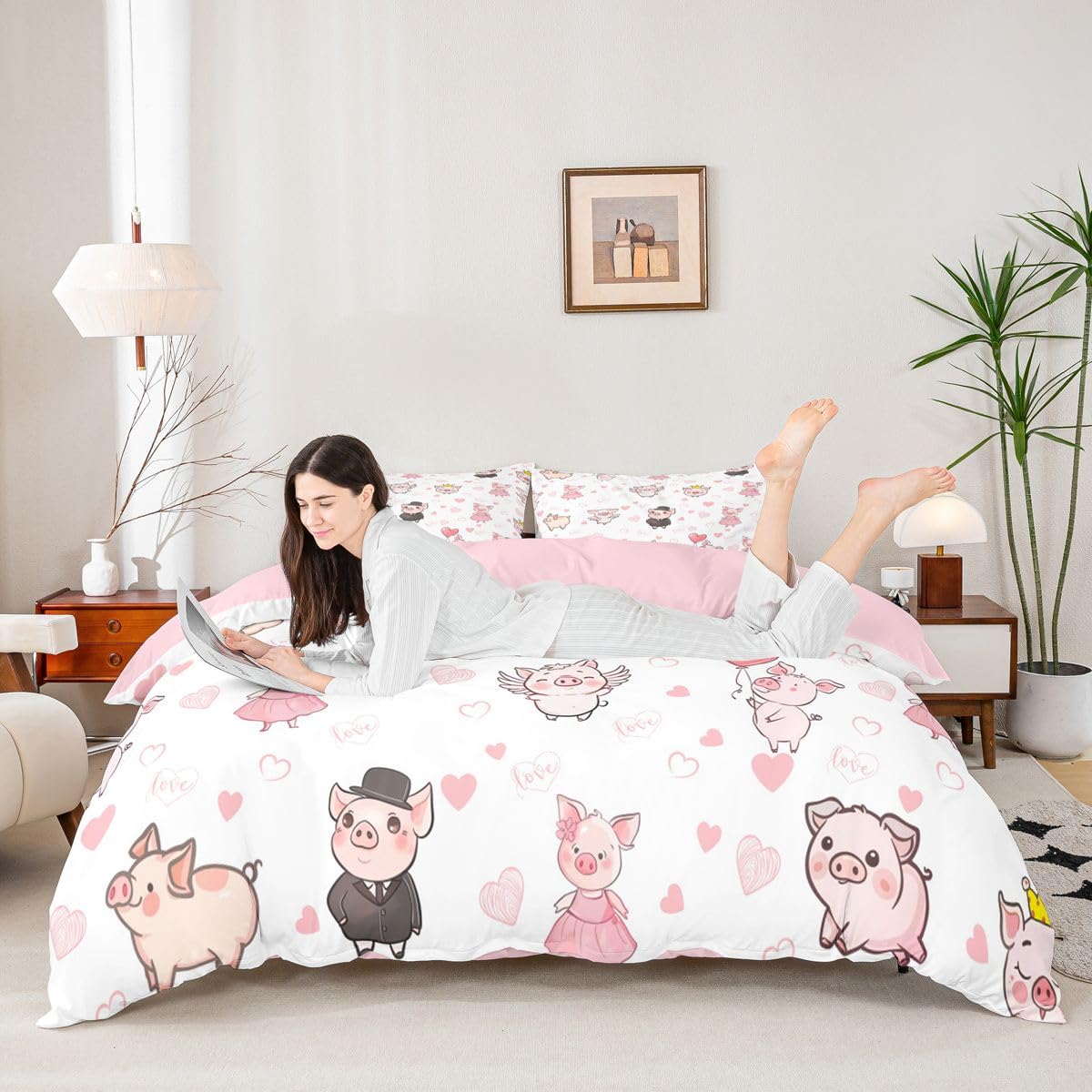 Homewish Kreskówka świnka król pościel miłość serce poszewka na kołdrę zestaw korona kawaii różowa świnka ręcznie rysowana poszewka na kołdrę skrzydła garnitur spódnica balon pościel zestawy łóżek