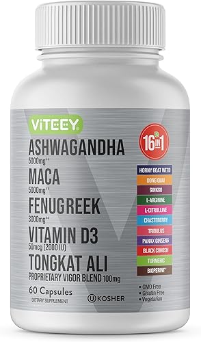 Viteey Ashwagandha Maca Fenogreco Suplemento con Tongkat Ali - Conduce, pasión y apoyo energético para hombres y mujeres - Apoyo al estado de ánimo,