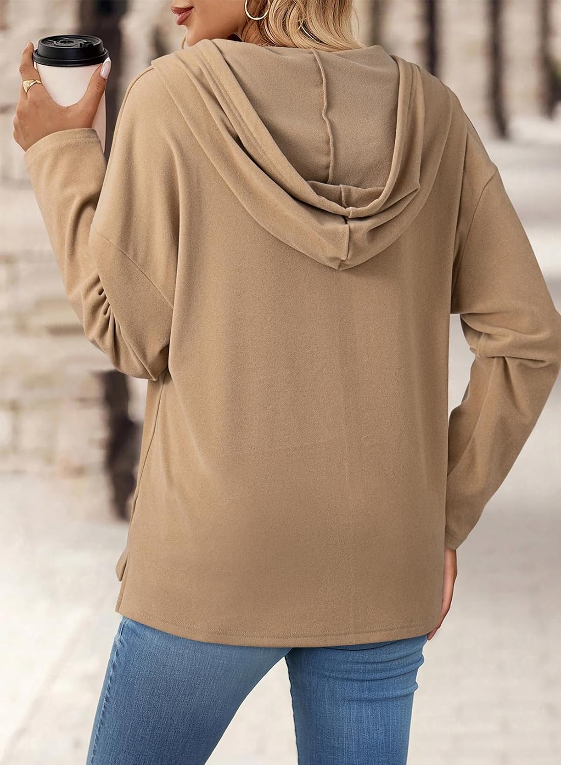 Dokotoo Hoodies for Women Long Sleeve Drawstring Button V Neck Fleece Casual Lightweight Pullover Sweatshirt Hooded Tops - Image 2