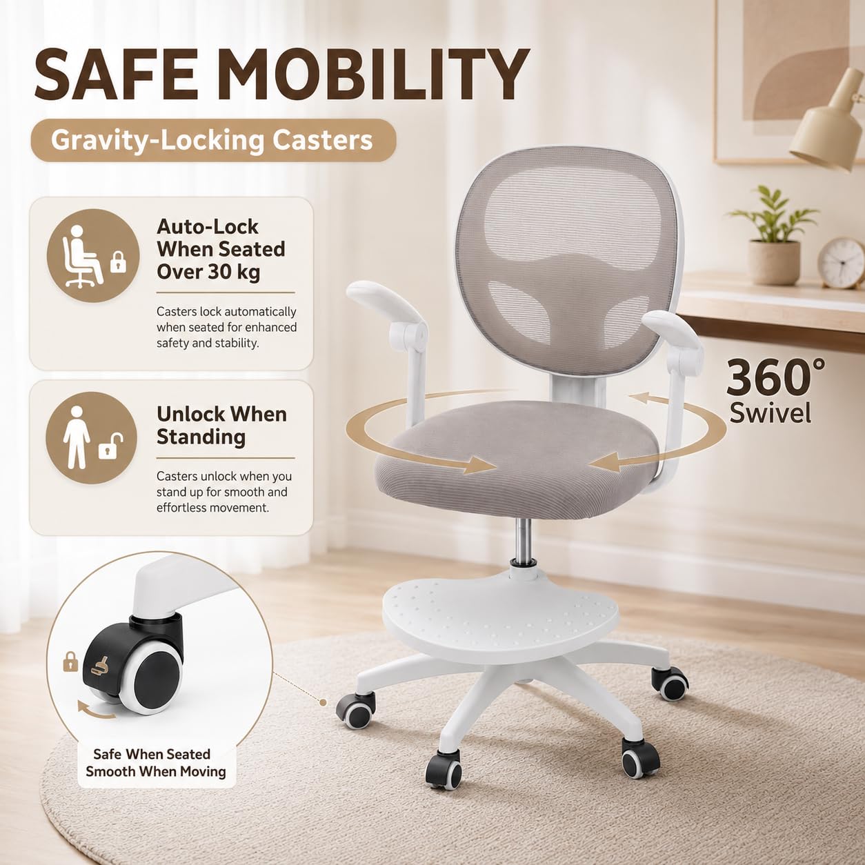 Sedia da scrivania per bambini, regolabile in altezza, 50 kg, grigio | rete, schiuma, forma a sella, pieghevole a 90°, 50 kg, ruote a gravità, girevole a 360°, seduta da 10 cm + poggiapiedi, 5-13J