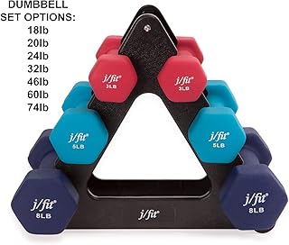 j/fit Dumbbell Set w/Durable Rack | Solid Design | Double Neoprene Coated Workout Weights Non-Chip and Flake | Dumbbells Sets For Gyms, Pilates, MMA, Training (32lb Set)