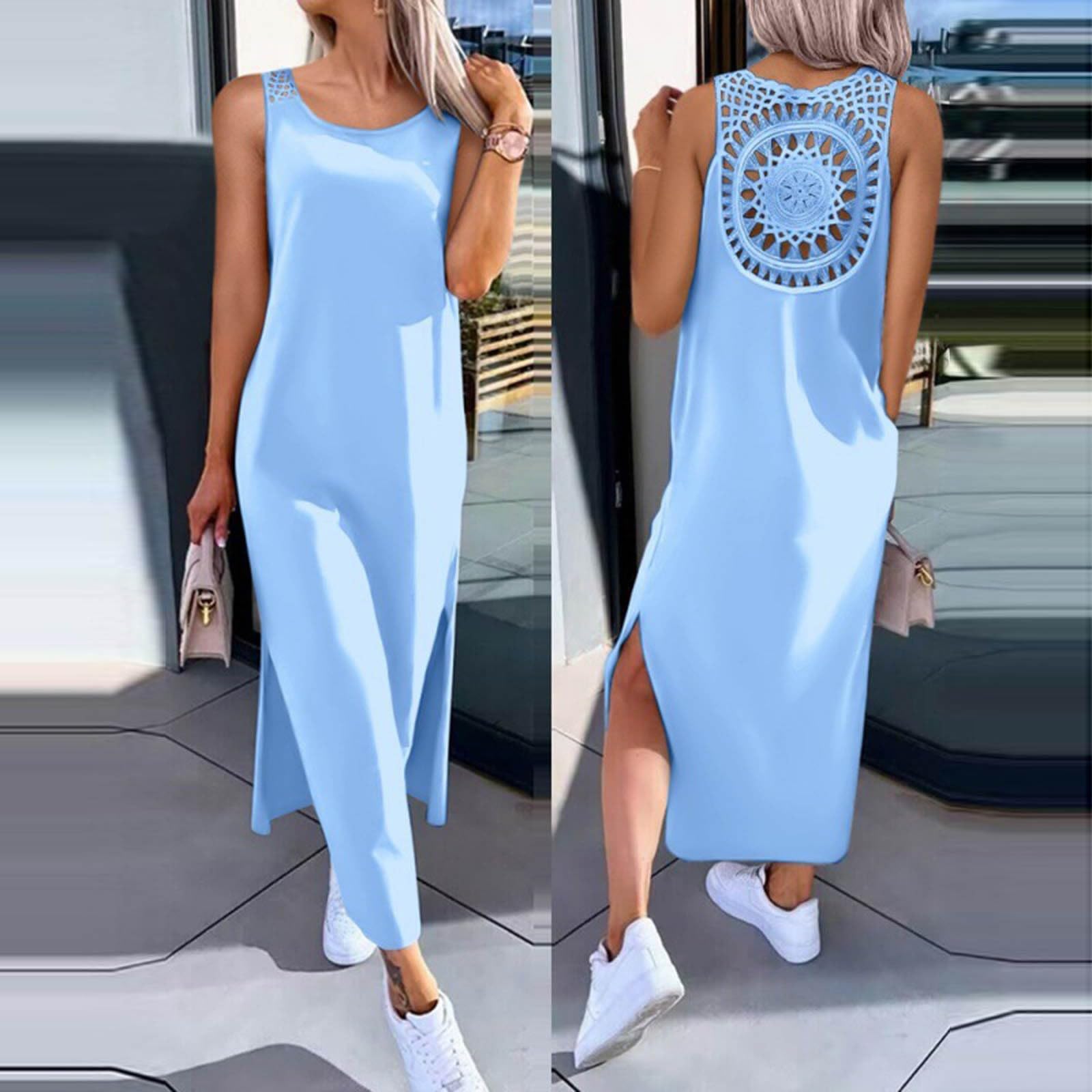 Vestido De Verano for Mujer Largo Vestidos Largos Sueltos Ocasionales Traje Playa 2026 for Resort Sin Mangas Ahueca hacia Fuera El Tiras con Abertura Lateral Encaje, Menta