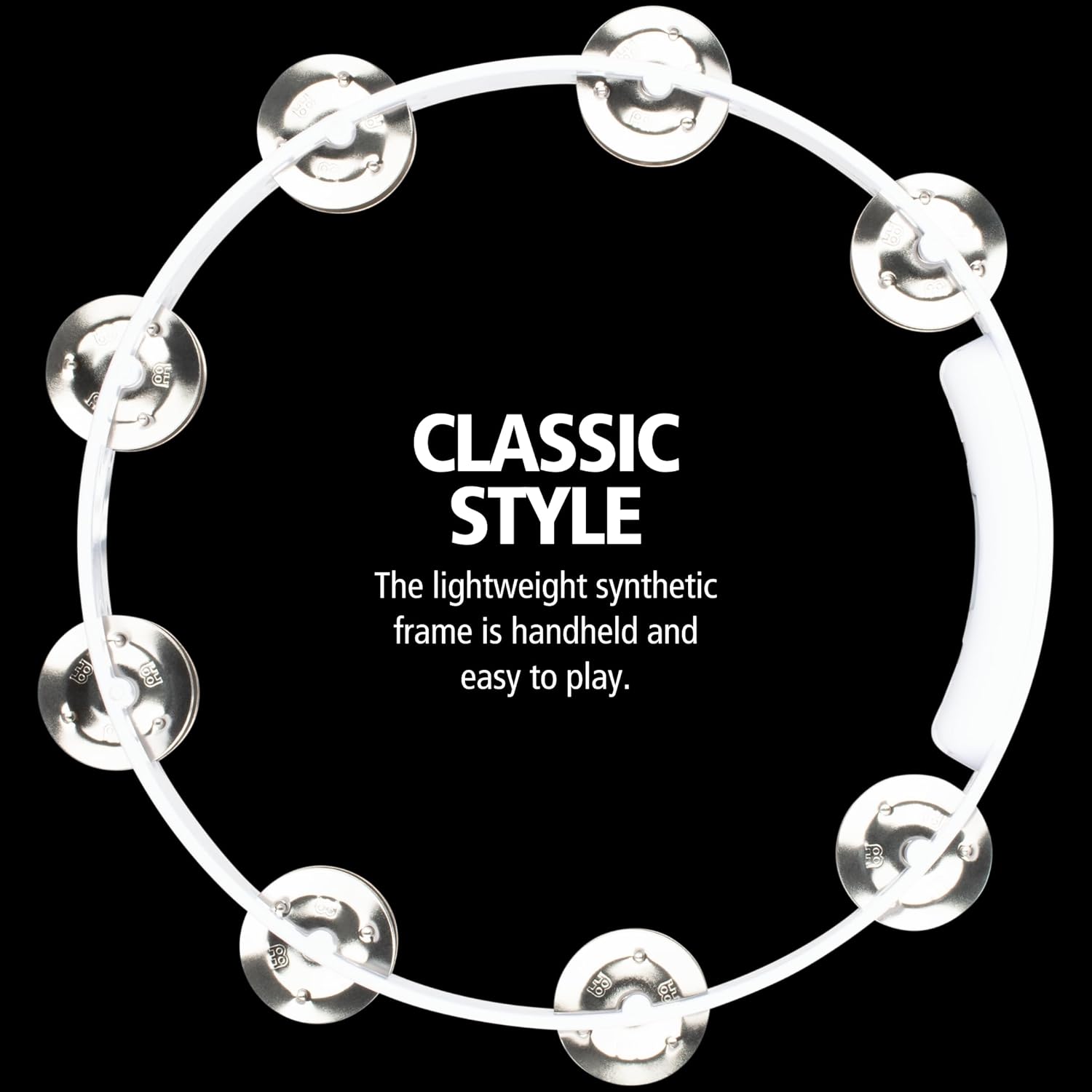 Headliner Tambourine, Handheld Circular Shape with Synthetic Frame — NOT MADE IN CHINA — Double Row Jingles, 2-YEAR WARRANTY