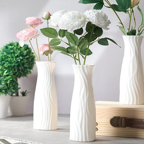 Vista 4 de Mimorou 24 jarrones de plástico compuesto, aspecto de cerámica, decorativo, blanco, irrompible, jarrones de plástico para centros de mesa de flores