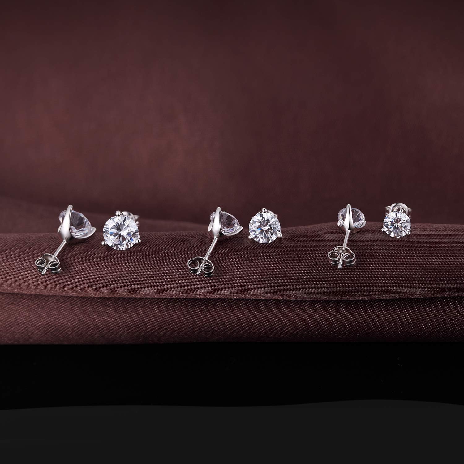 925 Sterling Silver Cubic Zirconia Stud Earrings 3 Prong Hypoallergenic Stud for Women Men 4MM-8MM