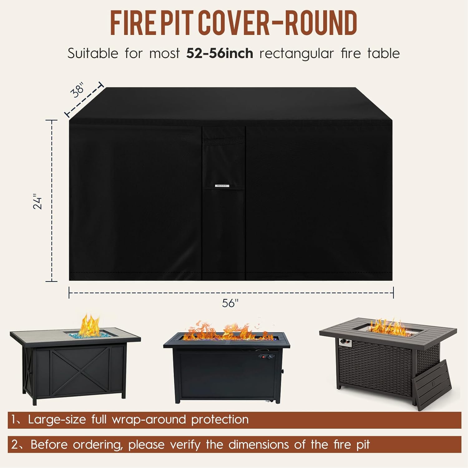 Fire Pit Cover Outdoor Rectangle 56"L x 38"W x 24"H Heavy-Duty Waterproof 600D Oxford Fading Resistant Tear-Resistant Patio Gas Fire Pit Table Cover Coffee Table Cover