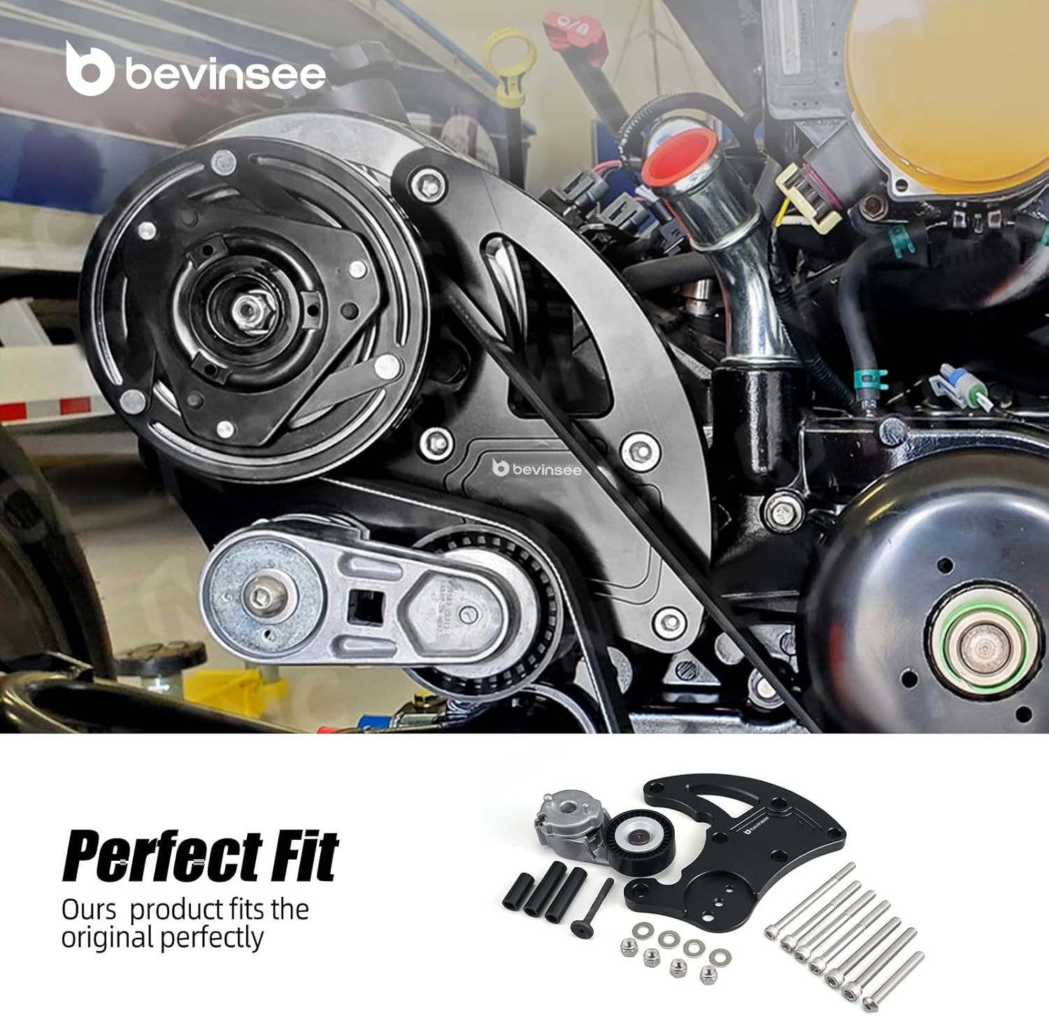 Bevinsee LS Swap R4 AC Compressor High Mount Bracket with Belt Tensioner Kit Compatible with Chevy GMC SUV Truck Vortec Engines LS1 LS2 LS3 LS6 1999-2013