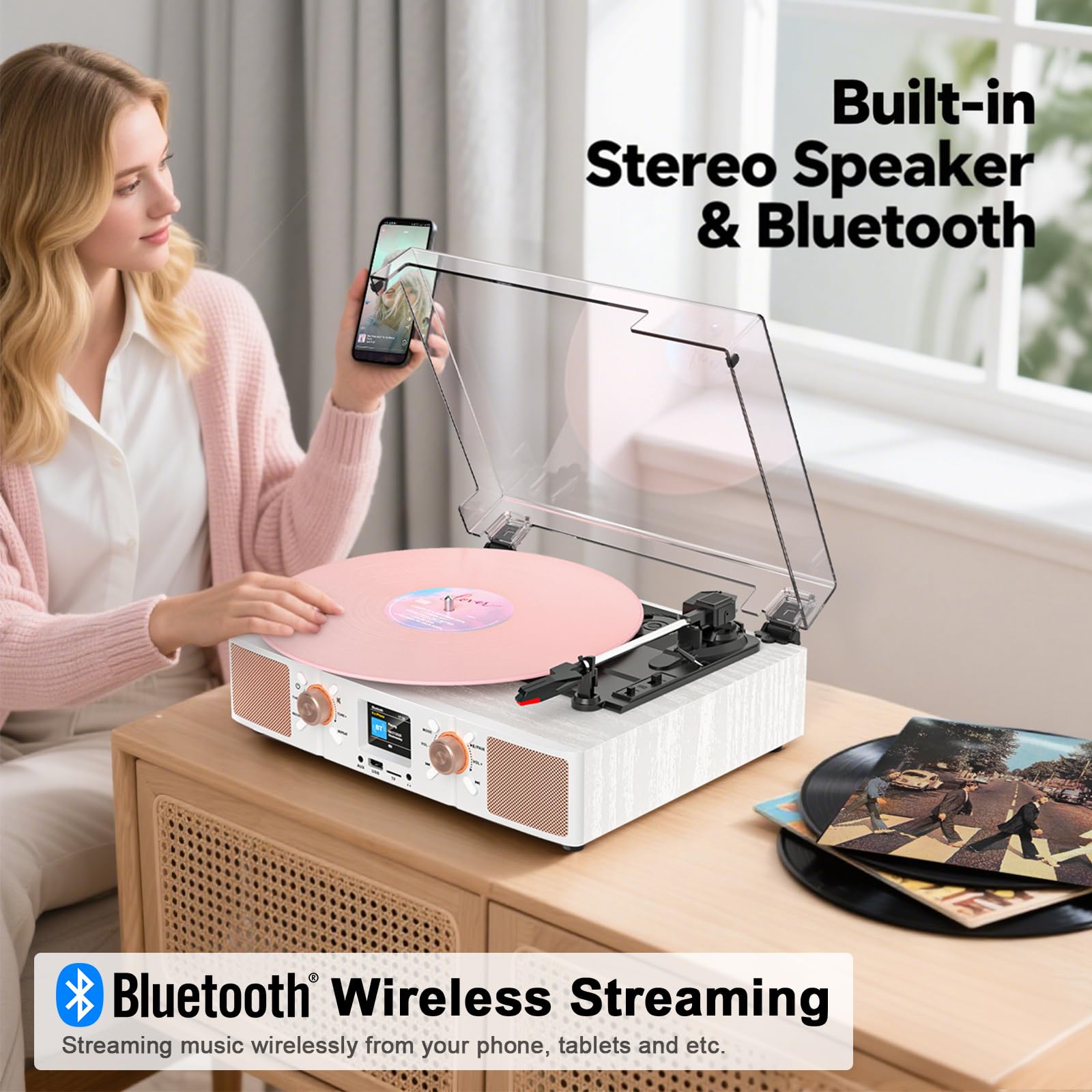 Gramofon winylowy z wbudowanymi głośnikami, 3-biegowy gramofon Bluetooth w stylu vintage, z nagrywaniem USB, wyświetlaczem LCD, zegarem, gniazdami RCA/słuchawkowymi/AUX, napędzany pasem, odtwarzacz LP