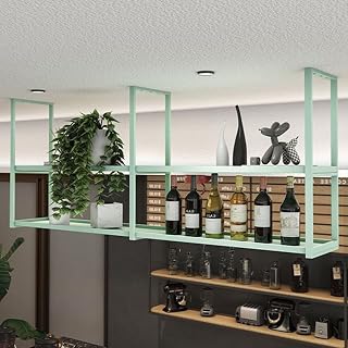 Botellero Colgante de Estilo Industrial para Techo, con estantes flotantes para Almacenamiento, de 2 Niveles, Color Verde (100 x 30 cm)