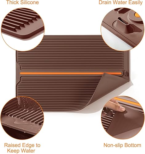 Miniatura 5 de iWord Tapete de secado de platos, tapetes de silicona para encimera de cocina con diseño de orificio de drenaje, tapete ecológico para secar platos,
