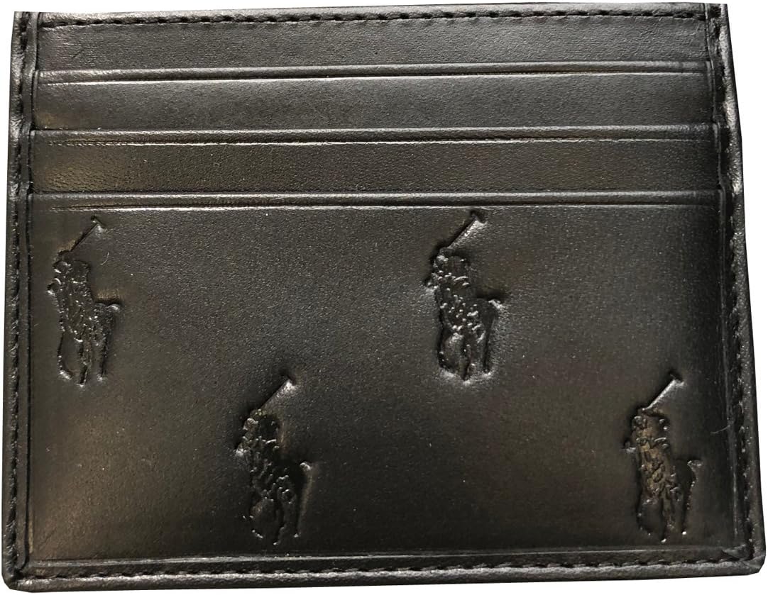 Ralph Lauren Polo Men’s Leather Card Case Wallet – Slim Minimalist Front Pocket Holder – Embossed Polo Pony Design – 4 Card Slots + Center Pocket – Black – Premium Gift for Him
