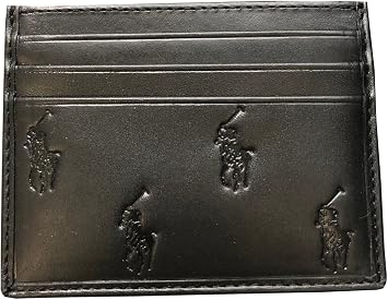Ralph Lauren Polo Mens Leather Card Case Wallet Slim Minimalist Front Pocket Holder Embossed Polo Pony Design 4 Card Slots + Center Pocket Black Premium Gift for Him