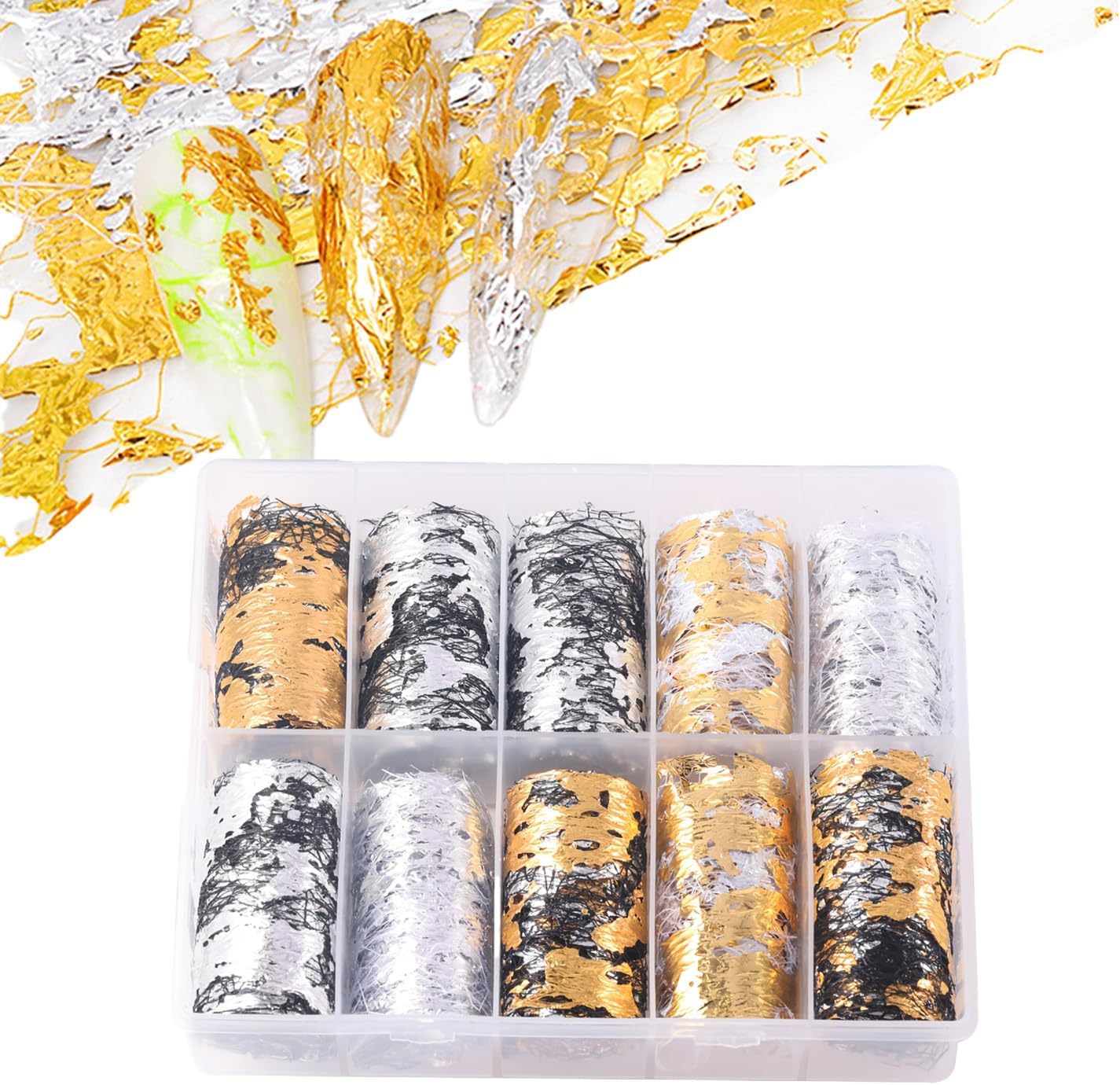 10 Sheets Gold Silver Foil Nail Art Holographic Aluminum Nail Foil Flakes Stickers Nail Sequins Glitter Line Decoration DIY Design Accessories Rainbow Nail Art Gold Nail Decals (Silvery Golden&Black)