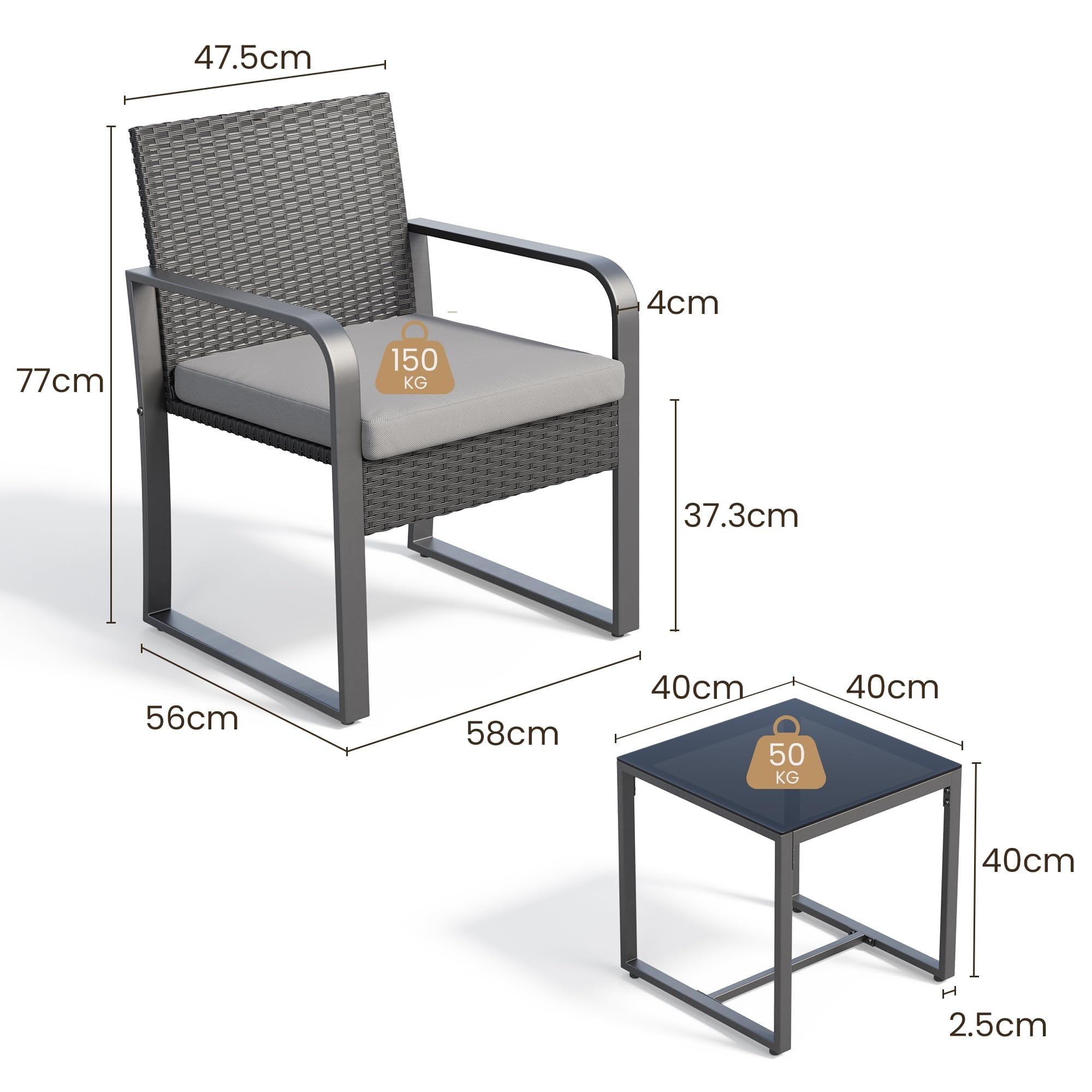 Bealife Juego de Muebles de jardín de ratán para 2 Personas, pequeño balcón al Aire Libre, Muebles de jardín para porches, Patios, terrazas, Balcones, Bordes de Piscina (Gris)