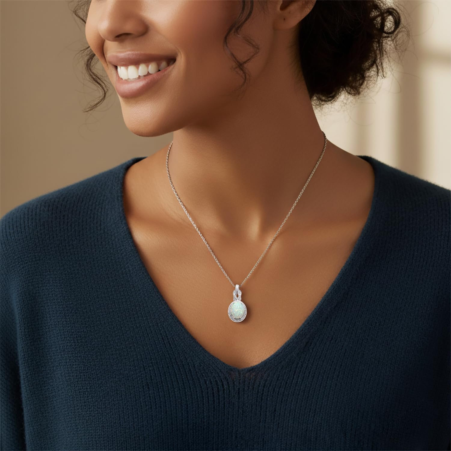 Jewelili Created Oval Opal Necklace Pendant for Women with Diamonds and October Birthstone in Sterling Silver 18" Rolo Chain