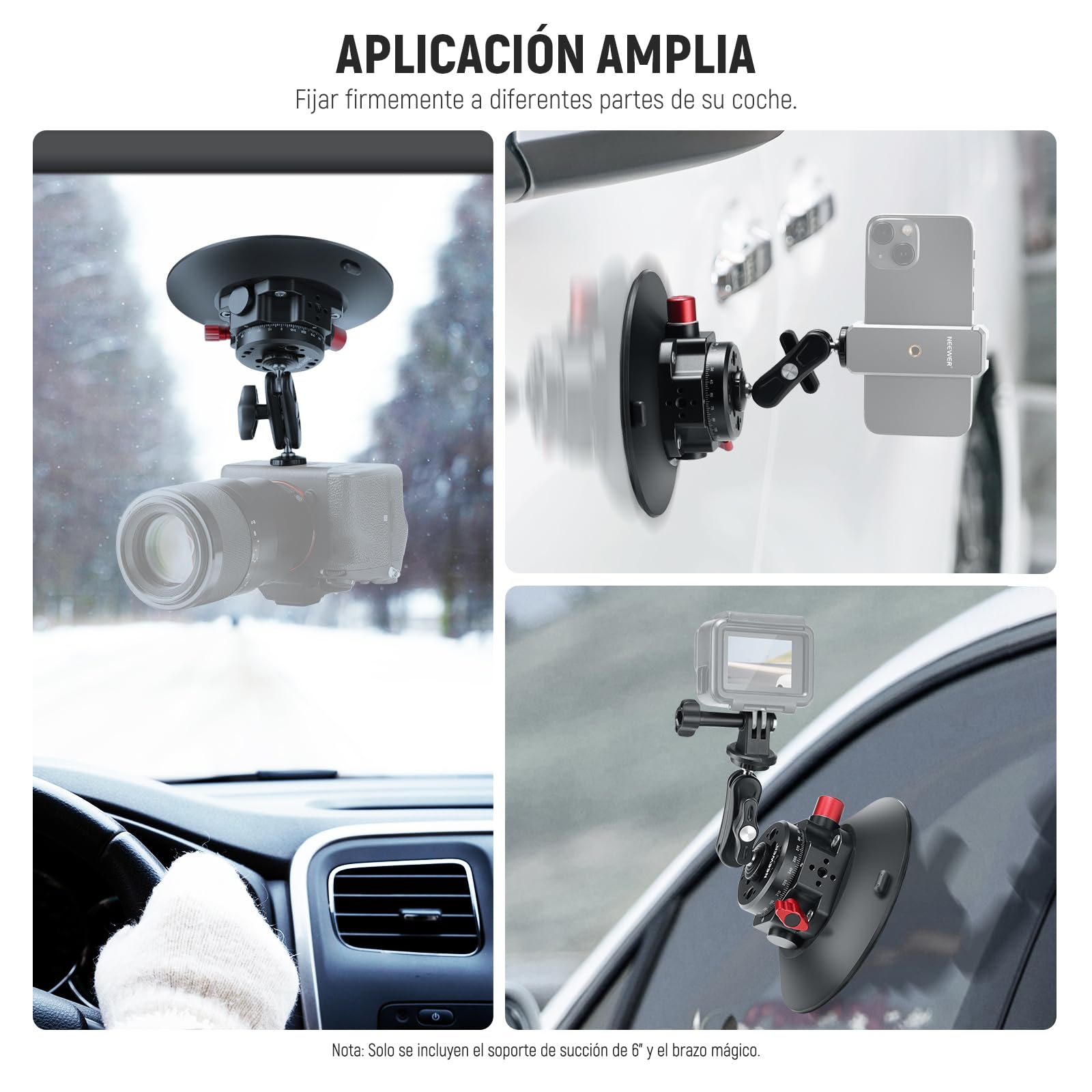 NEEWER 6"/15.2cm Soporte Ventosa Cámara con Brazo Mágico Cabezal Esférico, Metal Suction Cup Mount Parabrisas Coche, Ideal para Action Camera/Phone Holder con 1/4" & 3/8" Orificios para ARRI