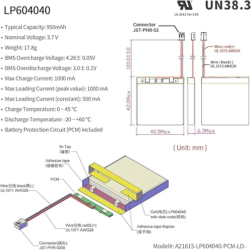 Miniatura 2 de EEMB Batería de polímero de litio 3.7V 950mAh 604040 Lipo Batería recargable con conector JST de cable para altavoz y dispositivo inalámbrico