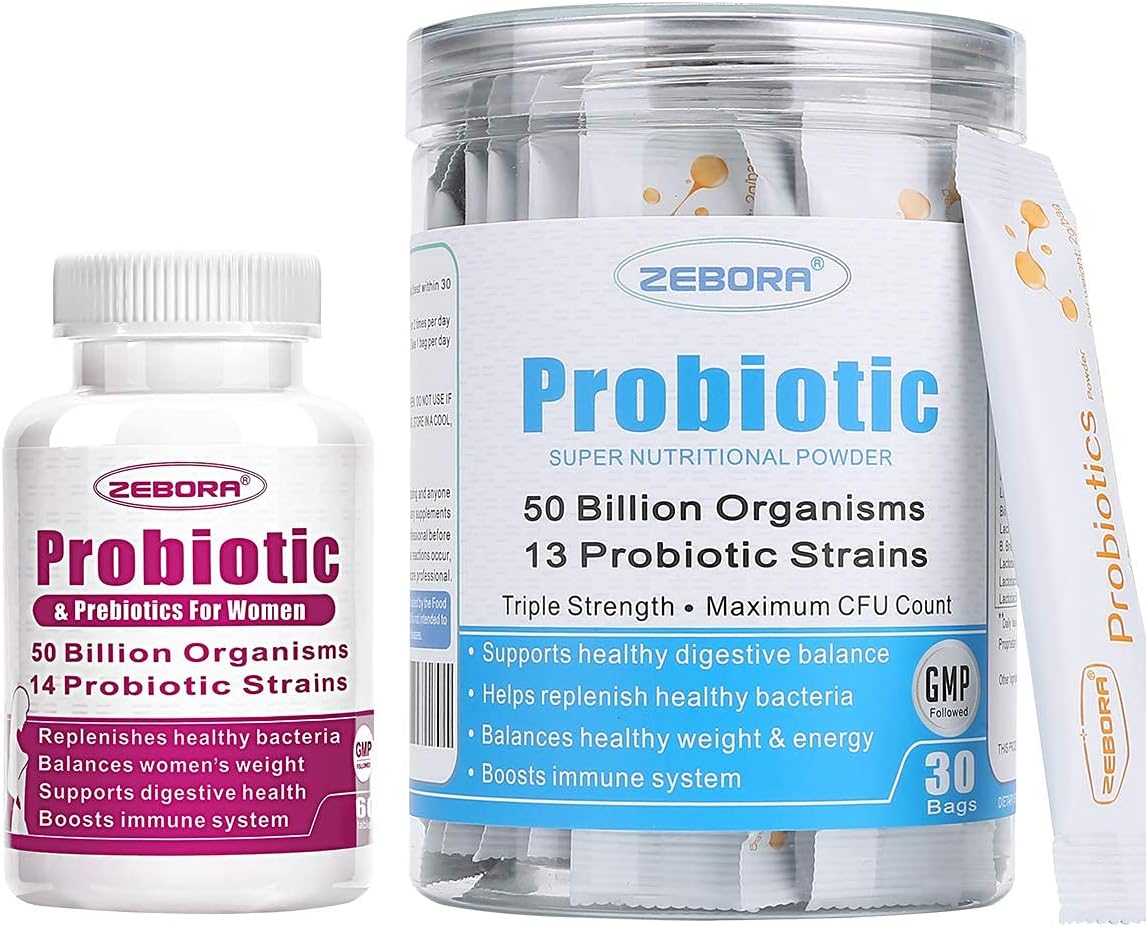 ZEBORA Probiotics Powder + Probiotics for Women,Supports Digestive and Immune Health, Prebiotic Fiber Shelf Stable, Gluten & Soy Free
